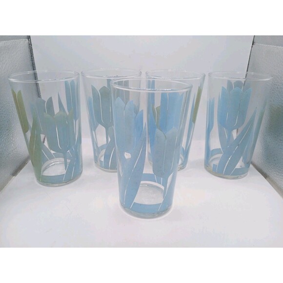 Lot Of 5 MCM Libby Blue Tulip Drinking Glasses/Tumblers Flowers Vintage MCM - Picture 1 of 16